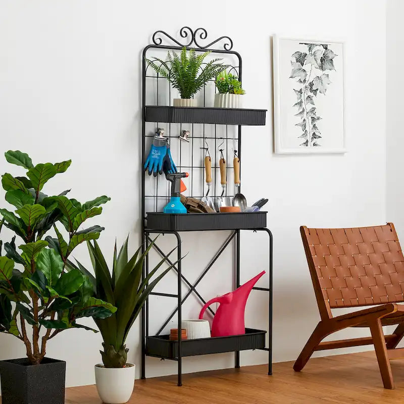 68" 3-Tier Black Metal Plant Stand Kitchen Shelf Multifunctional Storage Rack for Indoor Outdoor