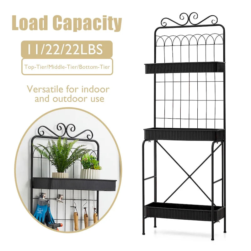 68" 3-Tier Black Metal Plant Stand Kitchen Shelf Multifunctional Storage Rack for Indoor Outdoor