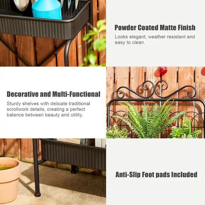 68" 3-Tier Black Metal Plant Stand Kitchen Shelf Multifunctional Storage Rack for Indoor Outdoor