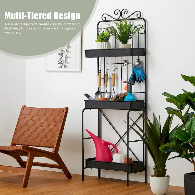 68" 3-Tier Black Metal Plant Stand Kitchen Shelf Multifunctional Storage Rack for Indoor Outdoor