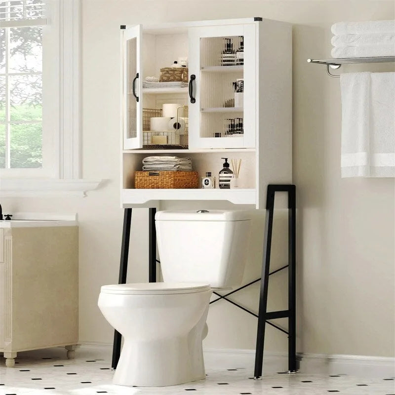 Over The Toilet Storage Cabinet with Tempered Glass Doors - 9.4D x 23.6W x 66.5H