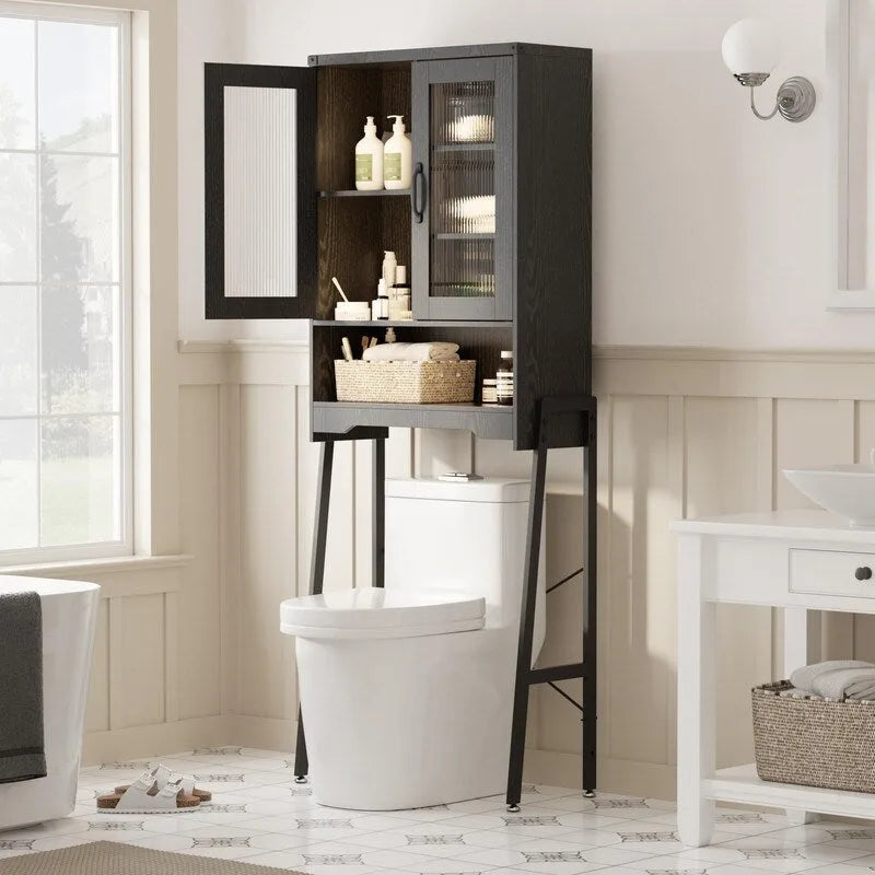 Over The Toilet Storage Cabinet with Tempered Glass Doors - 9.4D x 23.6W x 66.5H