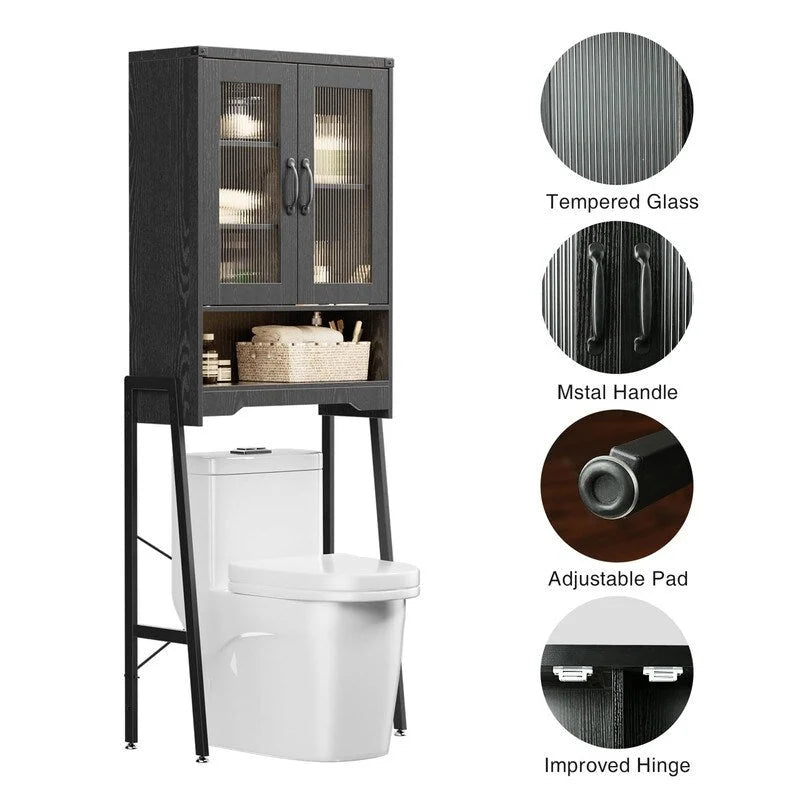 Over The Toilet Storage Cabinet with Tempered Glass Doors - 9.4D x 23.6W x 66.5H