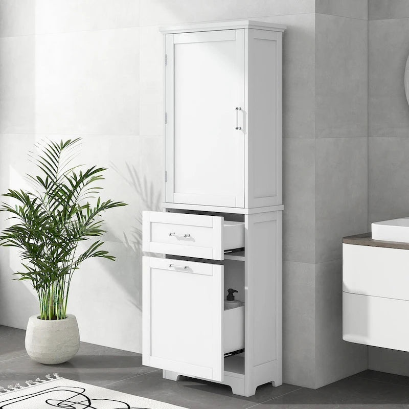 68 Tall Wood 1-door Bathroom Cabinet in White with Drawers and Adjustable Shelf