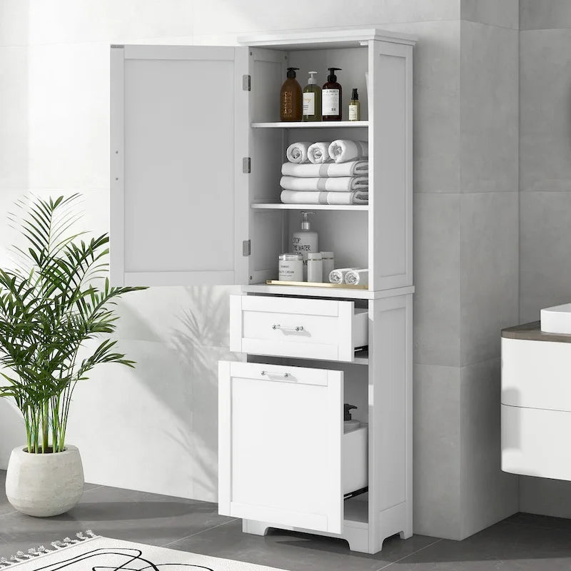 68 Tall Wood 1-door Bathroom Cabinet in White with Drawers and Adjustable Shelf