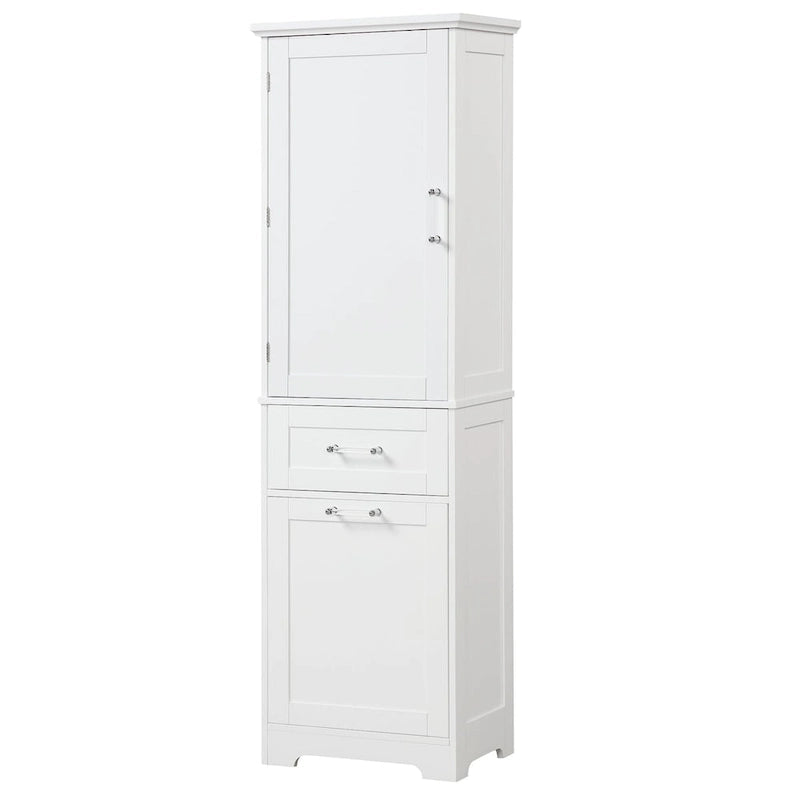 68 Tall Wood 1-door Bathroom Cabinet in White with Drawers and Adjustable Shelf