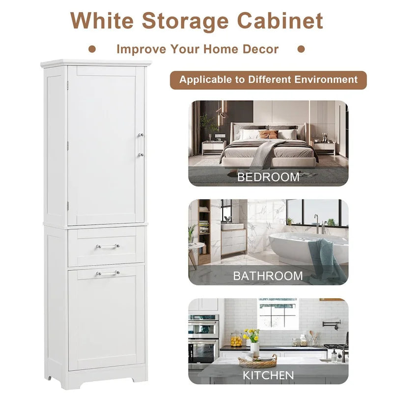 68 Tall Wood 1-door Bathroom Cabinet in White with Drawers and Adjustable Shelf