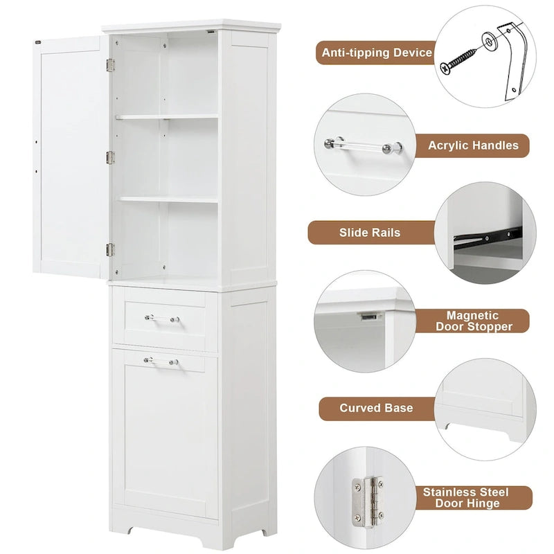 68 Tall Wood 1-door Bathroom Cabinet in White with Drawers and Adjustable Shelf