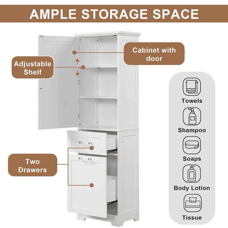 68 Tall Wood 1-door Bathroom Cabinet in White with Drawers and Adjustable Shelf