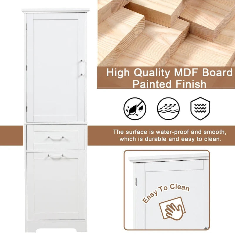 68 Tall Wood 1-door Bathroom Cabinet in White with Drawers and Adjustable Shelf