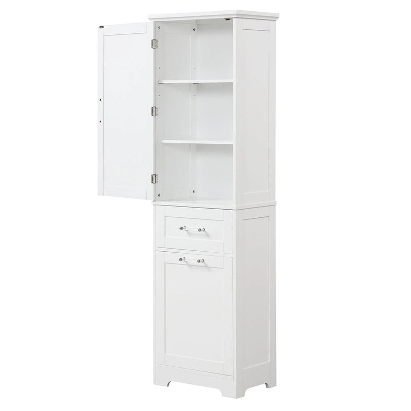 68 Tall Wood 1-door Bathroom Cabinet in White with Drawers and Adjustable Shelf