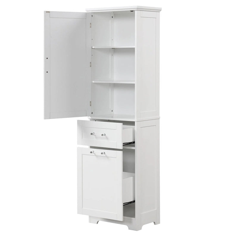 68 Tall Wood 1-door Bathroom Cabinet in White with Drawers and Adjustable Shelf
