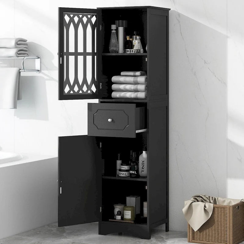 Freestanding Bathroom Storage Cabinet with Drawer and Doors, Adjustable Shelf