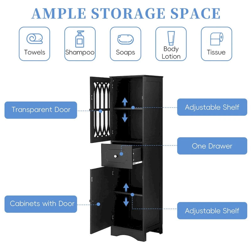 Freestanding Bathroom Storage Cabinet with Drawer and Doors, Adjustable Shelf
