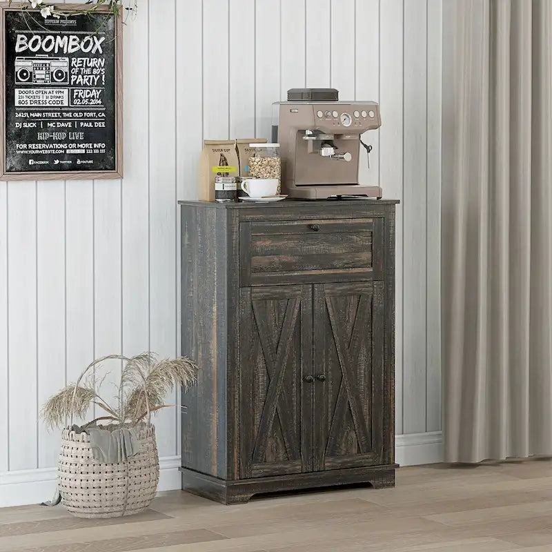 Meuble de rangement pour ferme avec portes de grange, buffet de cuisine avec portes doubles, tiroir et étagère réglable