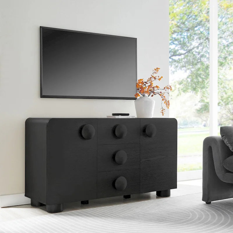 Buffet galbé rétro 145 cm avec 3 tiroirs, portes à fermeture douce et étagères réglables