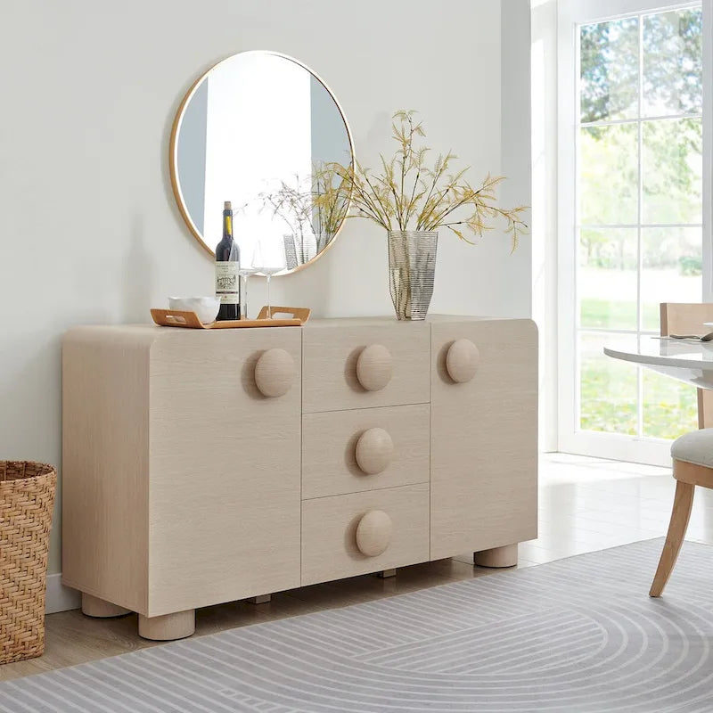 Buffet galbé rétro 145 cm avec 3 tiroirs, portes à fermeture douce et étagères réglables