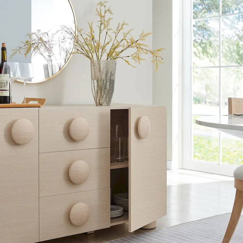 Buffet galbé rétro 145 cm avec 3 tiroirs, portes à fermeture douce et étagères réglables
