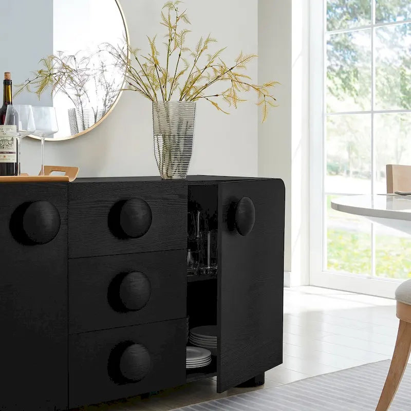Buffet galbé rétro 145 cm avec 3 tiroirs, portes à fermeture douce et étagères réglables