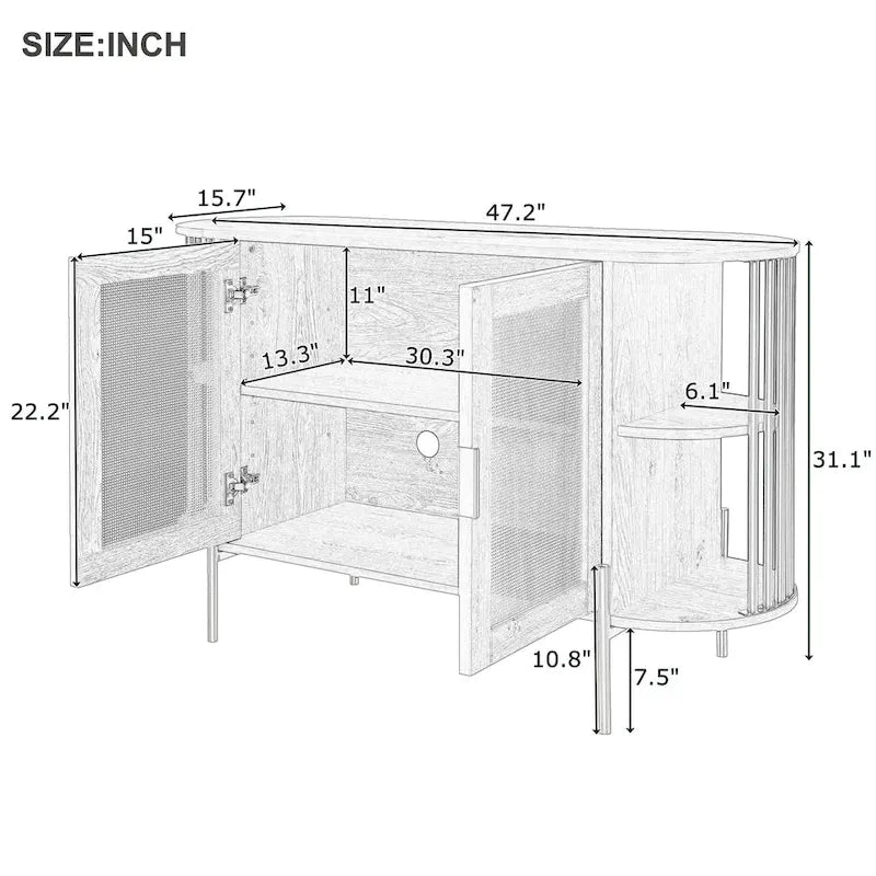 2-Door Curved Dining Cabinet - Elegant with Gold Trim and Woven Rattan Doors